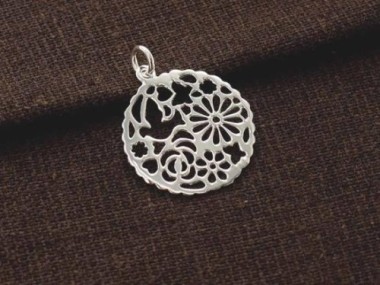 925 Sterling Silver Cutout Bird and Cherry Blossoms Pendant 20mm.,