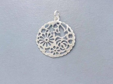 925 Sterling Silver Cutout Bird and Cherry Blossoms Pendant 20mm.,