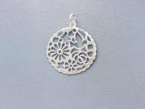 1 of 925 Sterling Silver Cutout Bird and Cherry Blossoms Pendant 20mm., Polish Finished