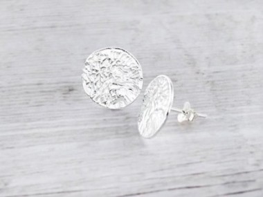 925 Sterling Silver Textured Circle Stud Earrings 13mm.