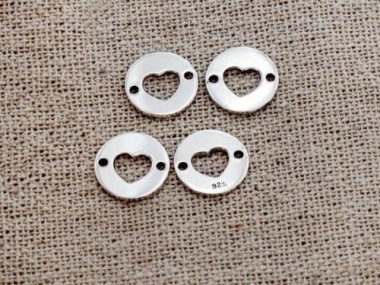 925 Sterling Silver 4 heart circle disc Links, Connectors 10mm.