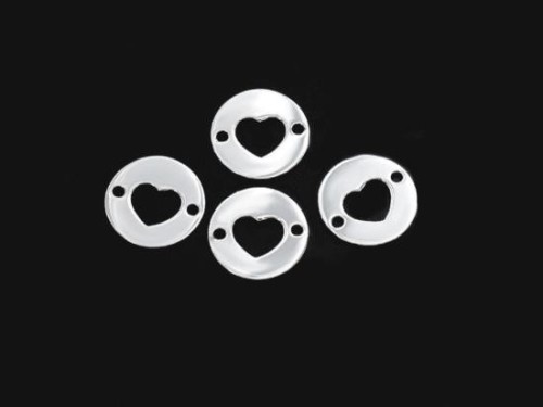 4 of 925 Sterling Silver 4 heart circle disc Links, Connectors 10mm. Polish Finished