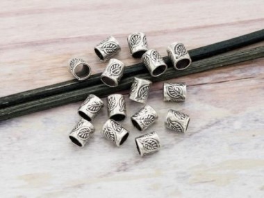 Karen Hill Tribe Silver Leaf Imprint Tubular Beads 5x5.5 mm.