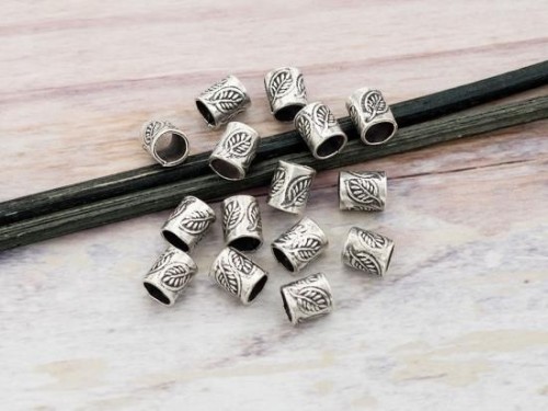 15 of Karen Hill Tribe Silver Leaf Imprint Tubular Beads 5x5.5 mm.