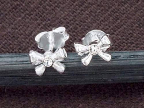 1 pair of 925 Sterling Silver Tiny Bow Stud Earrings 4.5x6.5mm., with Colorless CZ