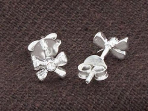 1 pair of 925 Sterling Silver Tiny Bow Stud Earrings 4.5x6.5mm., with Colorless CZ