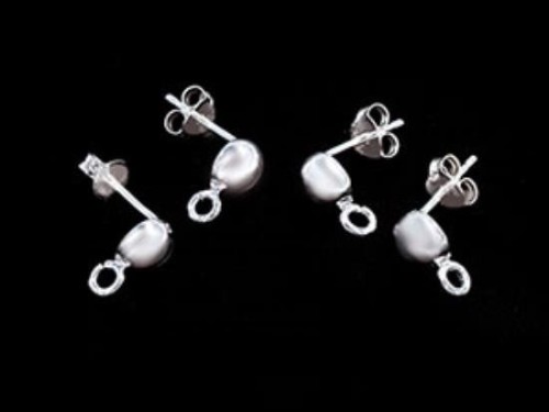 2 pairs of 925 Sterling Silver Post Stud Earrings Findings, 6mm Half Ball with Opened Loop