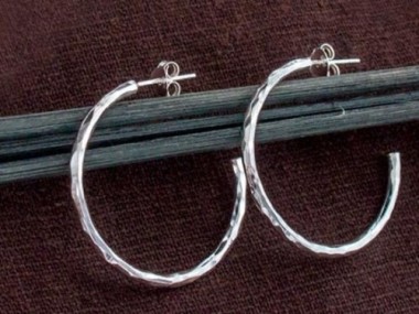 925 Sterling Silver Hammered Hoop Earrings 2x30 mm.