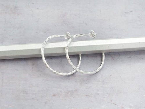 1 pair of 925 Sterling Silver Hammered Hoop Earrings 2x30 mm.