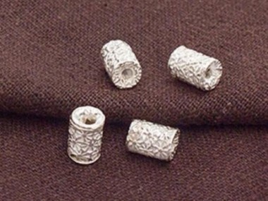 Karen Hill Tribe Silver Flower Printed Drum Beads 6x8.5 mm.