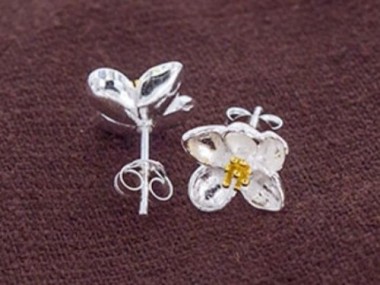 925 Sterling Silver Orchid Stud Earrings, Gold plated pollen 9x10mm.