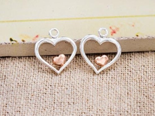 2 of 925 Sterling Silver Heart Charms 11mm. Two Tone Rose Gold & Silver .