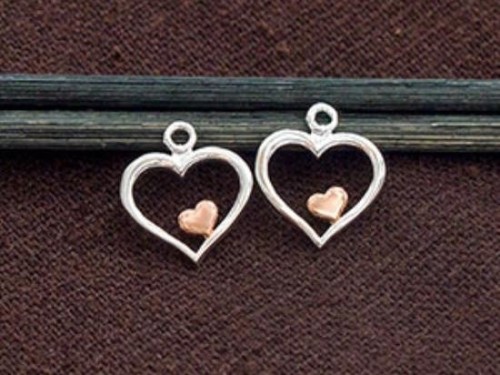 2 of 925 Sterling Silver Heart Charms 11mm. Two Tone Rose Gold & Silver .