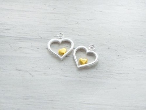 2 of 925 Sterling Silver Heart Charms 11mm. Two Tone Gold & Silver .