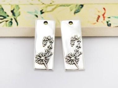 925 Sterling Silver Dandelion, Rectangle Charms 7.5x20 mm.