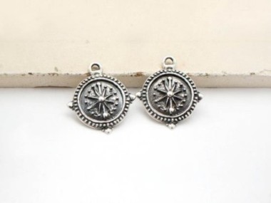 925 Sterling Silver Compass Printed Charms 12mm.