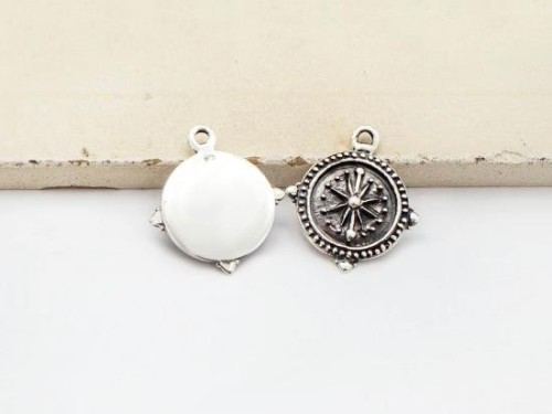 2 of 925 Sterling Silver Compass Printed Charms 12mm. Polish Finished