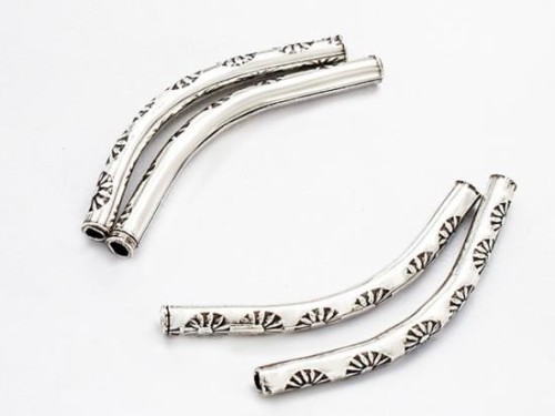 6 of Karen Hill Tribe Silver Sun Printed Curve Beads 2.6x30 mm.