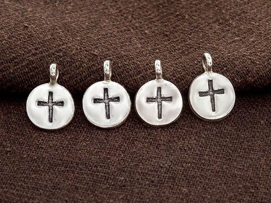 4 of Karen Hill Tribe Silver Cross Printed Circle Disc Charms 10.5mm.