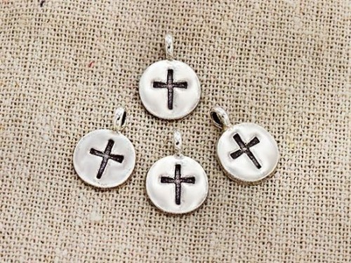 4 of Karen Hill Tribe Silver Cross Printed Circle Disc Charms 10.5mm.