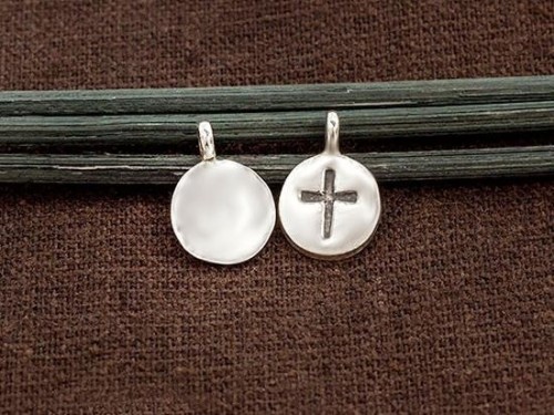 4 of Karen Hill Tribe Silver Cross Printed Circle Disc Charms 10.5mm.