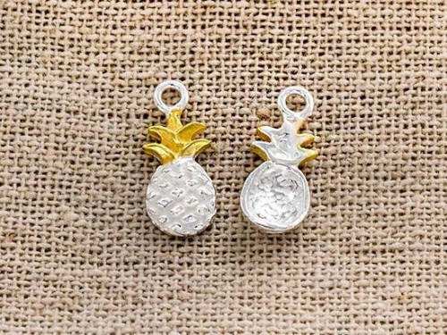 2 of 925 Sterling Silver Pineapple Charms 6x11.5 mm. Two Tone