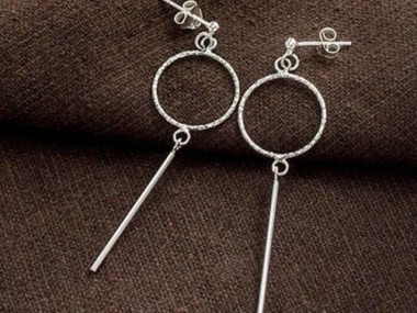 925 Sterling Silver Dangle Stick Circle Stud Earrings 40 mm.