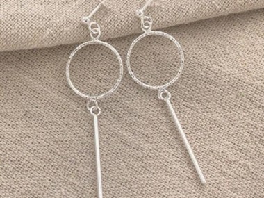 925 Sterling Silver Dangle Stick Circle Stud Earrings 40 mm.