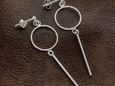 925 Sterling Silver Dangle Stick Circle Stud Earrings 40 mm.