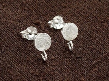 1 pair of 925 Sterling Silver Brushed Circle Disc Stud Earrings Post Findings 6mm. with Opened Loop.