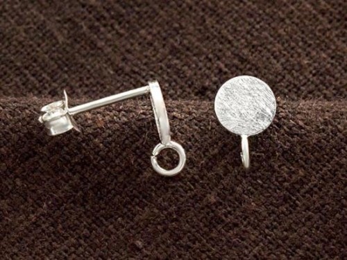 1 pair of 925 Sterling Silver Brushed Circle Disc Stud Earrings Post Findings 6mm. with Opened Loop.