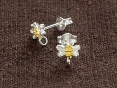 925 Sterling Silver Two Tone Gold & Silver Bee Earrings , Post Findings 4x7.5mm.