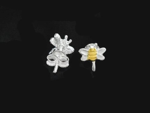 1 pair of 925 Sterling Silver Two Tone Gold & Silver Bee Earrings , Post Findings 4x7.5mm.