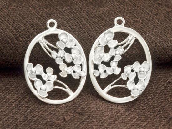 2 of 925 Sterling Silver Oval Flower Branch Pendants 16x20mm.