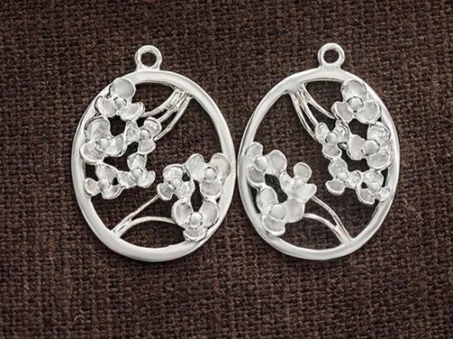 2 of 925 Sterling Silver Oval Flower Branch Pendants 16x20mm.