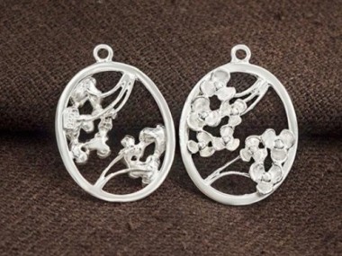 925 Sterling Silver Oval Flower Branch Pendants 16x20mm.