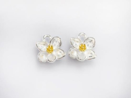 2 of 925 Sterling Silver Orchid Charms, Gold plated pollen 9x10mm.