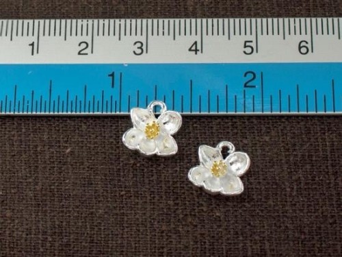 2 of 925 Sterling Silver Orchid Charms, Gold plated pollen 9x10mm.