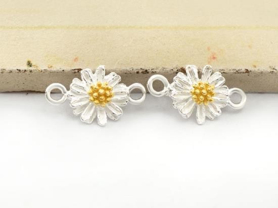 2 of 925 Sterling Silver Daisy Connectors, Links, Gold plated pollen 8.5mm.