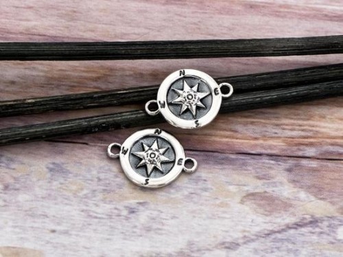 2 of 925 Sterling Silver Compass Printed Disc Connectors,Links 11mm.