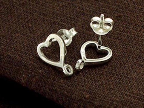 2 pairs of 925 Sterling Silver Heart Earrings Post Findings 8.5x9 mm., with opened Loop