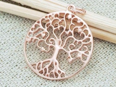 925 Sterling Silver Rose Gold Vermeil Style Tree of Life Pendant 20 mm.