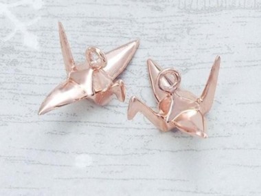 2 of 925 Sterling Silver Rose Gold Vermeil Style Origami Bird Charms 6x14mm.Polished Finish.