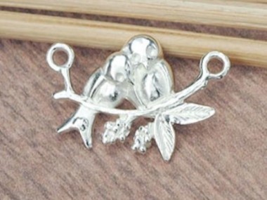 925 Sterling Silver Love Birds Perched on a Branch Link, Connector ,Pendant 13x20mm.