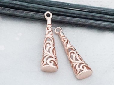 925 Sterling Silver Rose Gold Vermeil Style Filigree Cone Charms 6x20 mm.