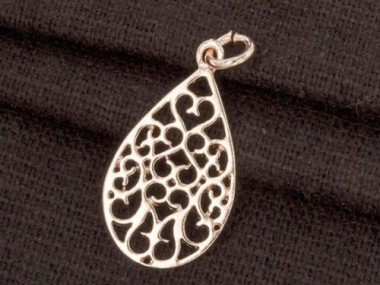 925 Sterling Silver Rose Gold Vermeil Style Filigree Drop Pendant 12x20mm.