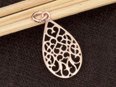 925 Sterling Silver Rose Gold Vermeil Style Filigree Drop Pendant 12x20mm.