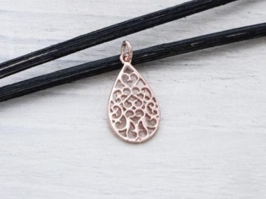 925 Sterling Silver Rose Gold Vermeil Style Filigree Drop Pendant 12x20mm.