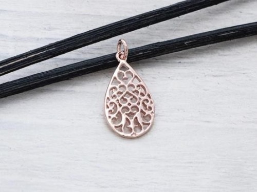 1 of 925 Sterling Silver Rose Gold Vermeil Style Filigree Drop Pendant 12x20mm. Polish Finished