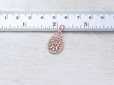 925 Sterling Silver Rose Gold Vermeil Style Filigree Drop Pendant 12x20mm.